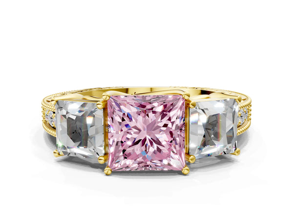Yellow Gold Princess Cut Engraved Three Stone Engagement Ring Setting for Fancy Pink Center