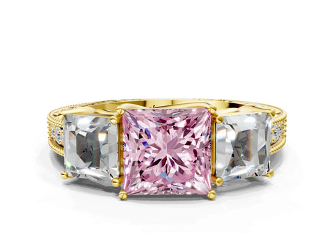 Yellow gold Three-Stone Fancy Pink Princess Cut Cut Milgrain Pavé Engagement Ring_12