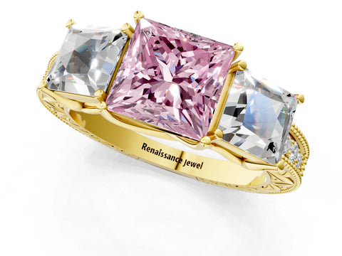 Yellow gold Three-Stone Fancy Pink Princess Cut Cut Milgrain Pavé Engagement Ring_13