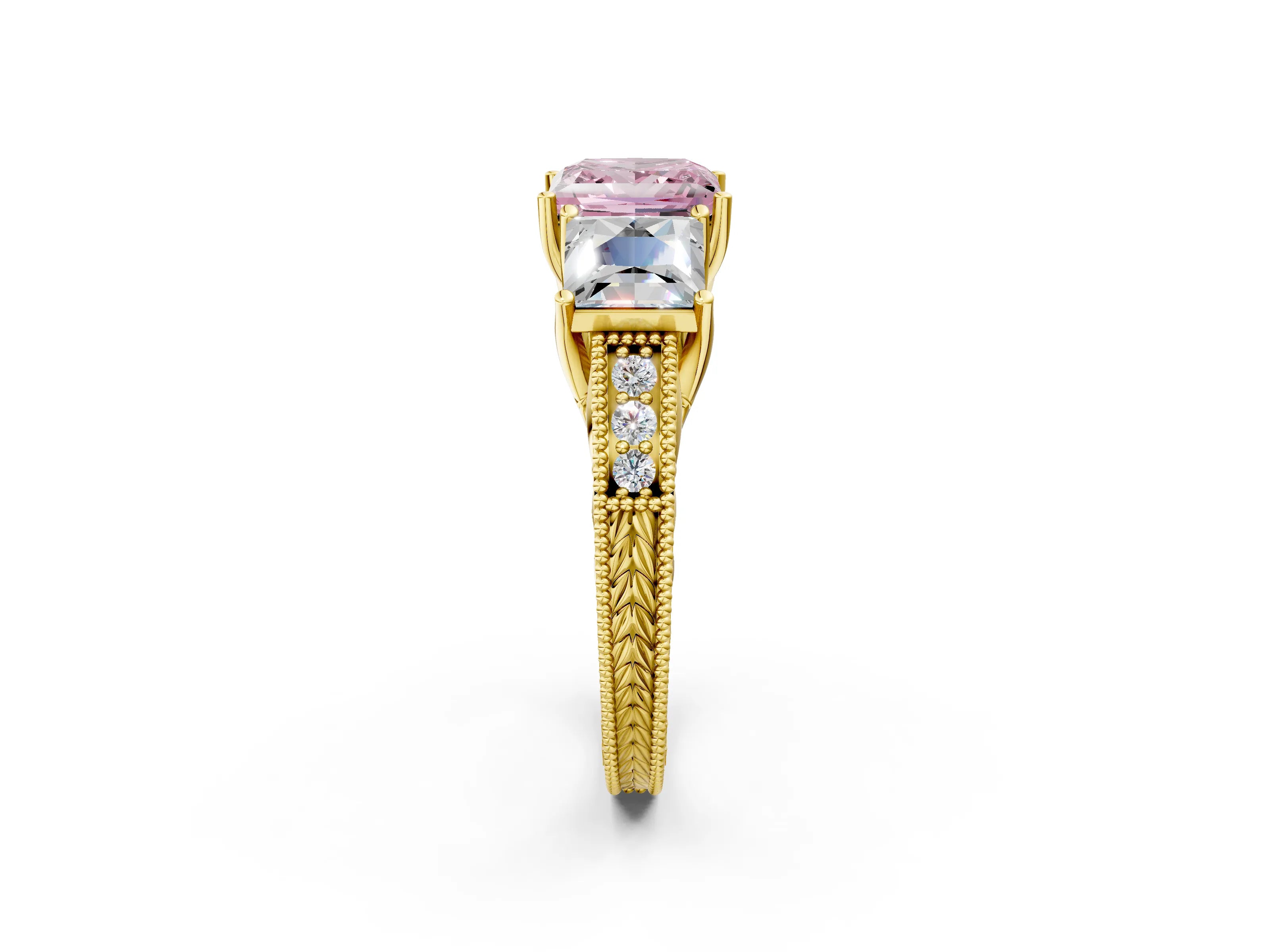 Yellow gold Three-Stone Fancy Pink Princess Cut Cut Milgrain Pavé Engagement Ring_14