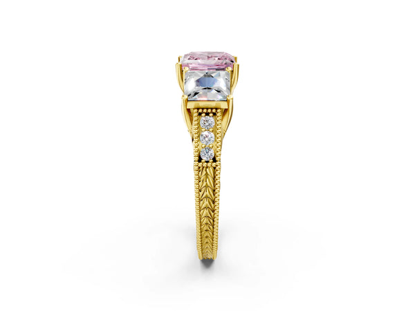 Yellow Gold Princess Cut Engraved Three Stone Engagement Ring Setting for Fancy Pink Center