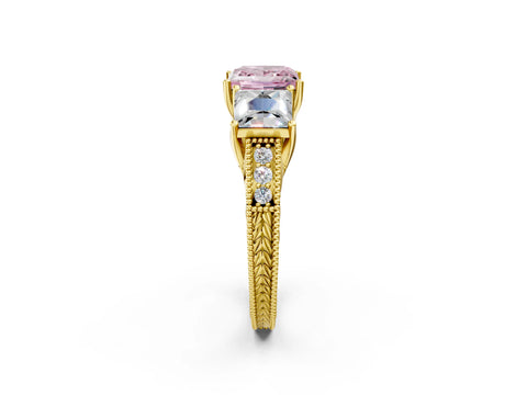 Yellow gold Three-Stone Fancy Pink Princess Cut Cut Milgrain Pavé Engagement Ring_14