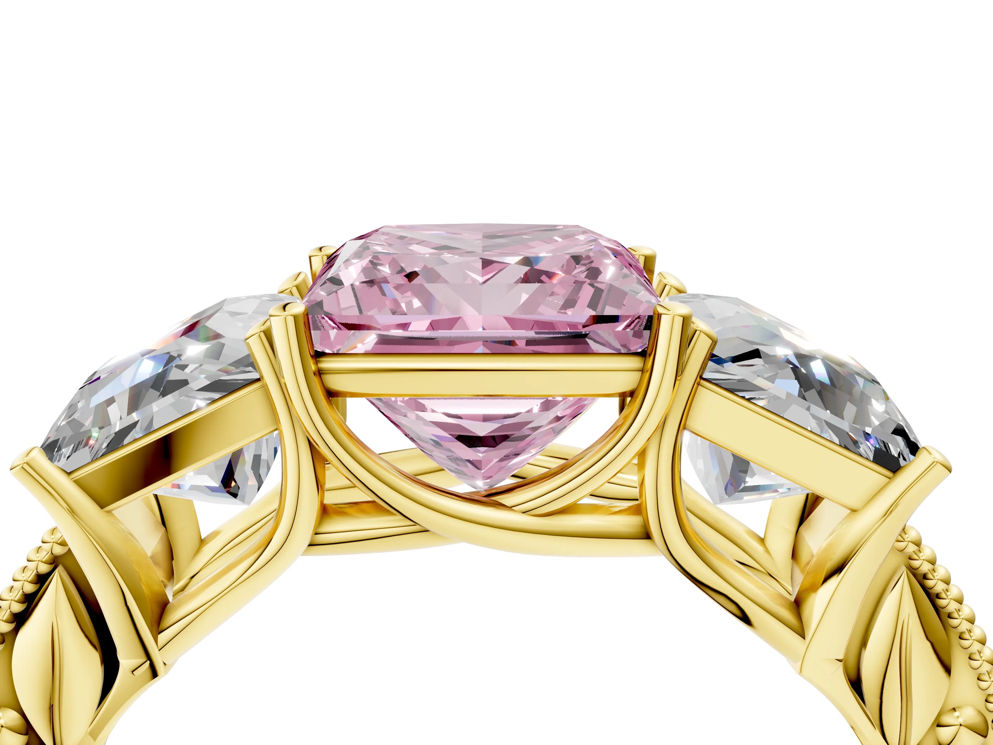 Yellow gold Three-Stone Fancy Pink Princess Cut Cut Milgrain Pavé Engagement Ring_16