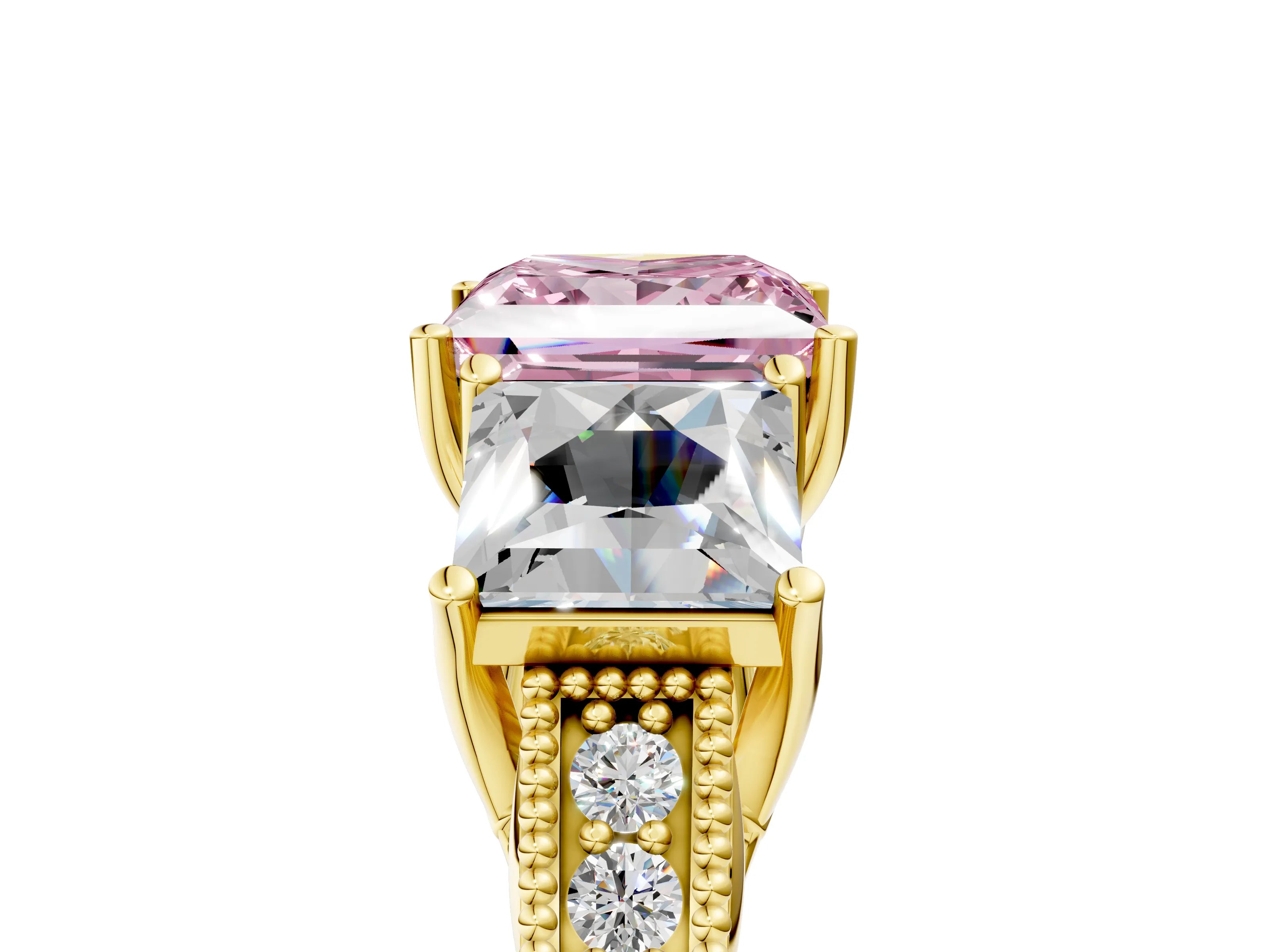 Yellow gold Three-Stone Fancy Pink Princess Cut Cut Milgrain Pavé Engagement Ring_17
