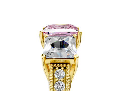 Yellow gold Three-Stone Fancy Pink Princess Cut Cut Milgrain Pavé Engagement Ring_17
