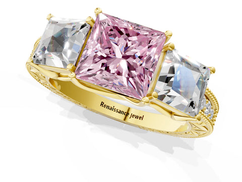 Yellow gold Three-Stone Fancy Pink Princess Cut Cut Milgrain Pavé Engagement Ring_1
