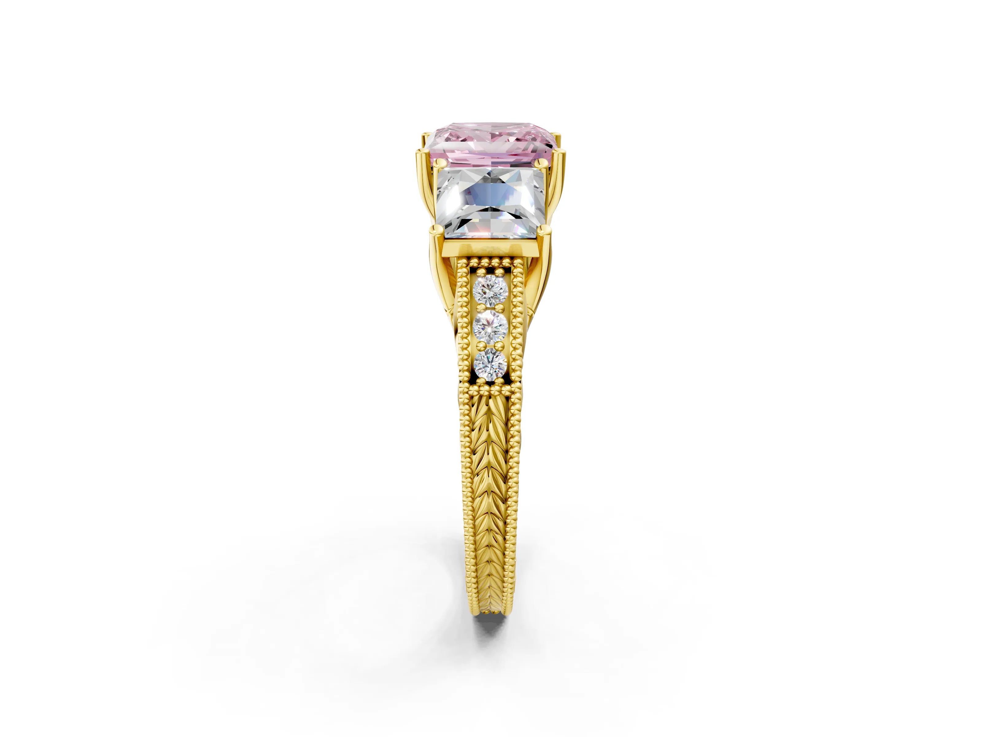 Yellow gold Three-Stone Fancy Pink Princess Cut Cut Milgrain Pavé Engagement Ring_2