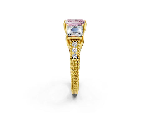 Yellow gold Three-Stone Fancy Pink Princess Cut Cut Milgrain Pavé Engagement Ring_2