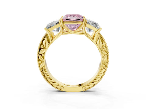 Yellow gold Three-Stone Fancy Pink Princess Cut Cut Milgrain Pavé Engagement Ring_3