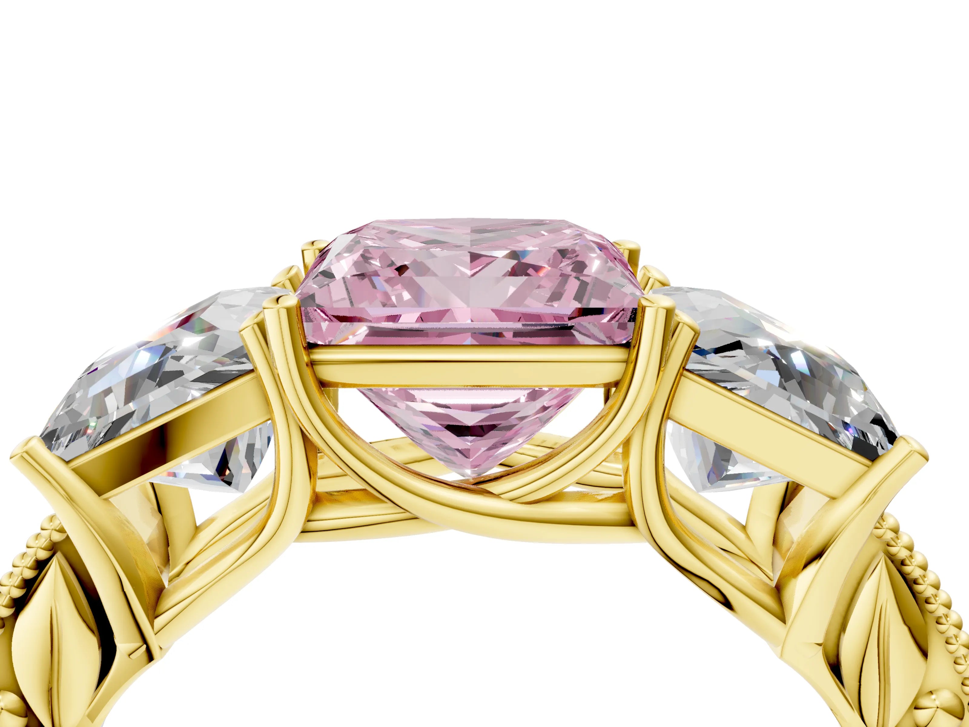 Yellow gold Three-Stone Fancy Pink Princess Cut Cut Milgrain Pavé Engagement Ring_4