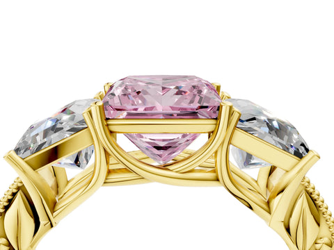 Yellow gold Three-Stone Fancy Pink Princess Cut Cut Milgrain Pavé Engagement Ring_4