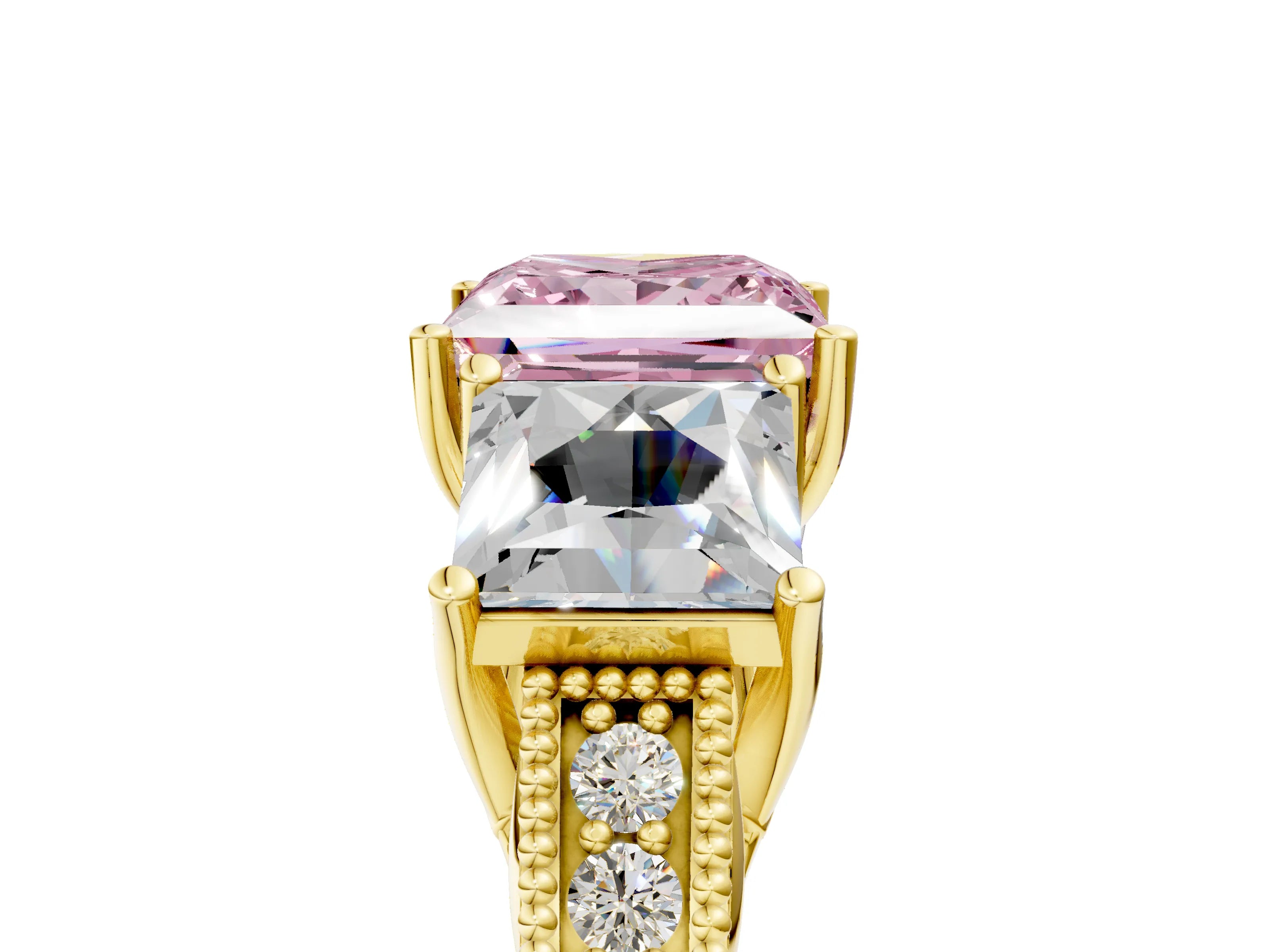 Yellow gold Three-Stone Fancy Pink Princess Cut Cut Milgrain Pavé Engagement Ring_5