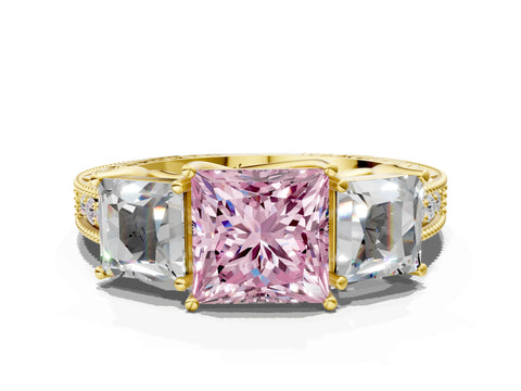 Yellow gold Three-Stone Fancy Pink Princess Cut Cut Milgrain Pavé Engagement Ring
