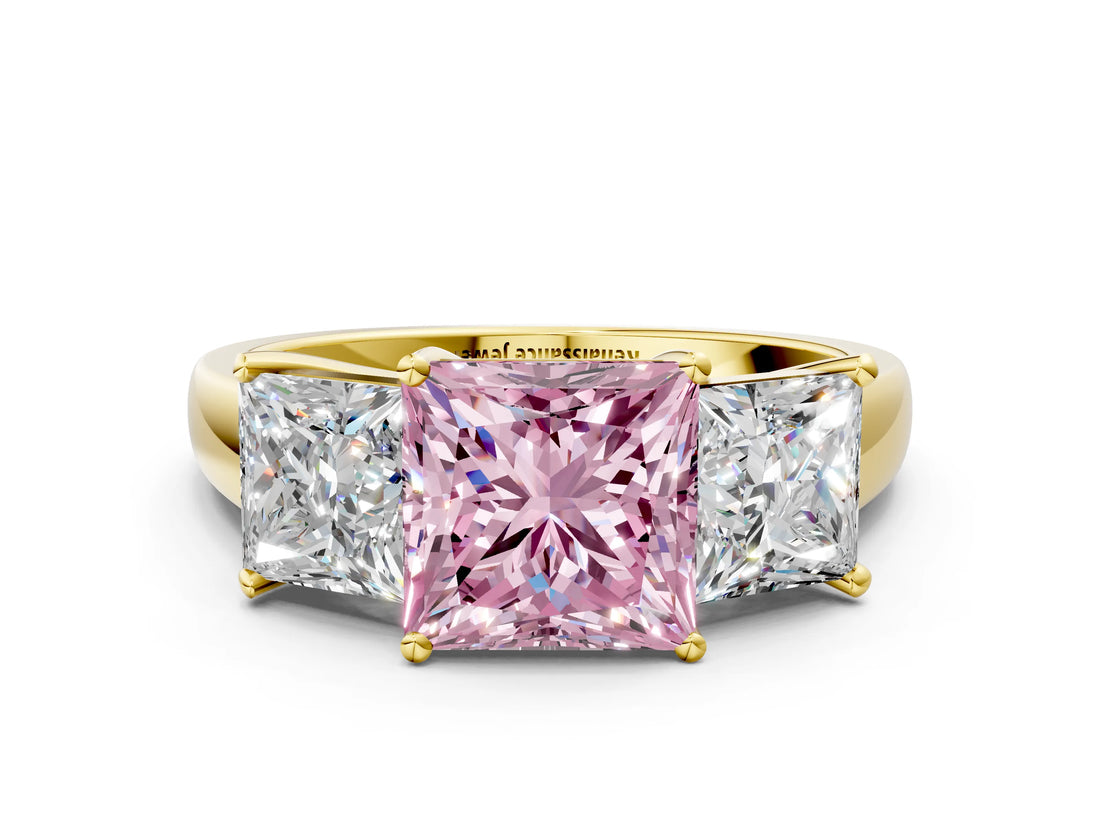 Yellow gold Three-Stone Fancy Pink Princess Cut Cut Solitaire Ring with Classic Prong Setting