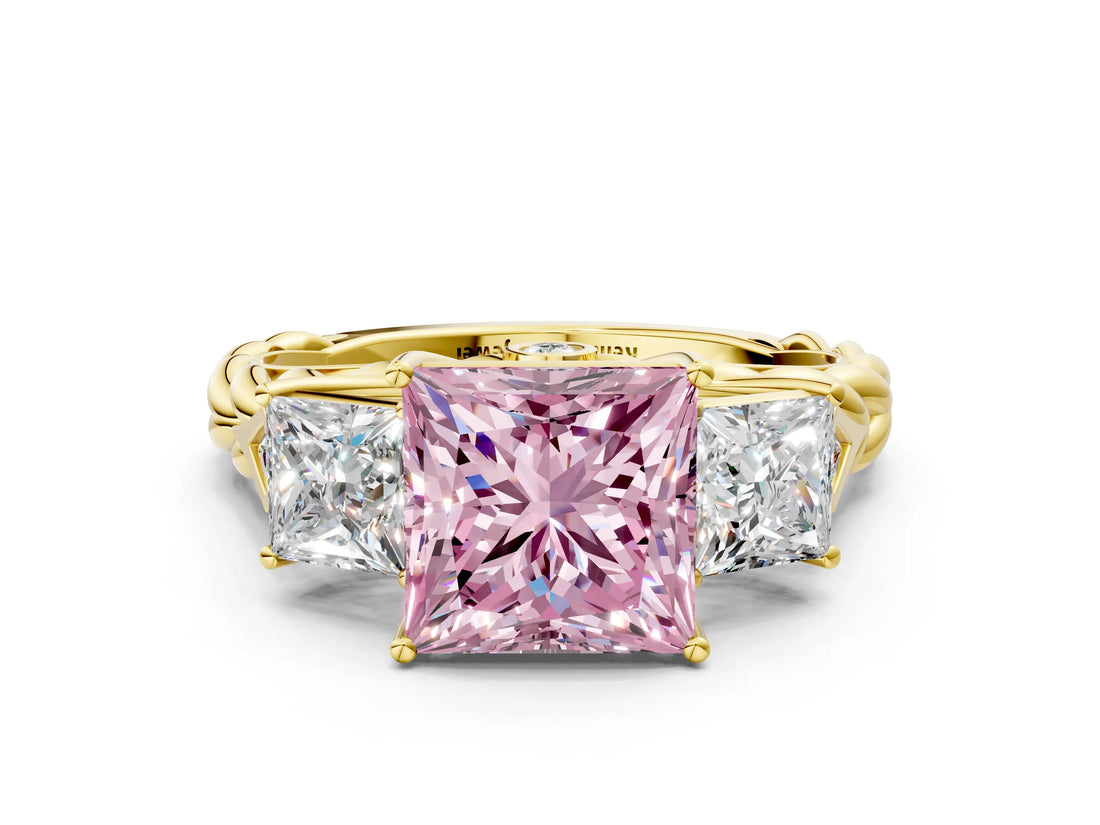 Yellow gold Three-Stone Fancy Pink Princess Cut Diamond Braided Band Ring with Four-Prong Setting_33