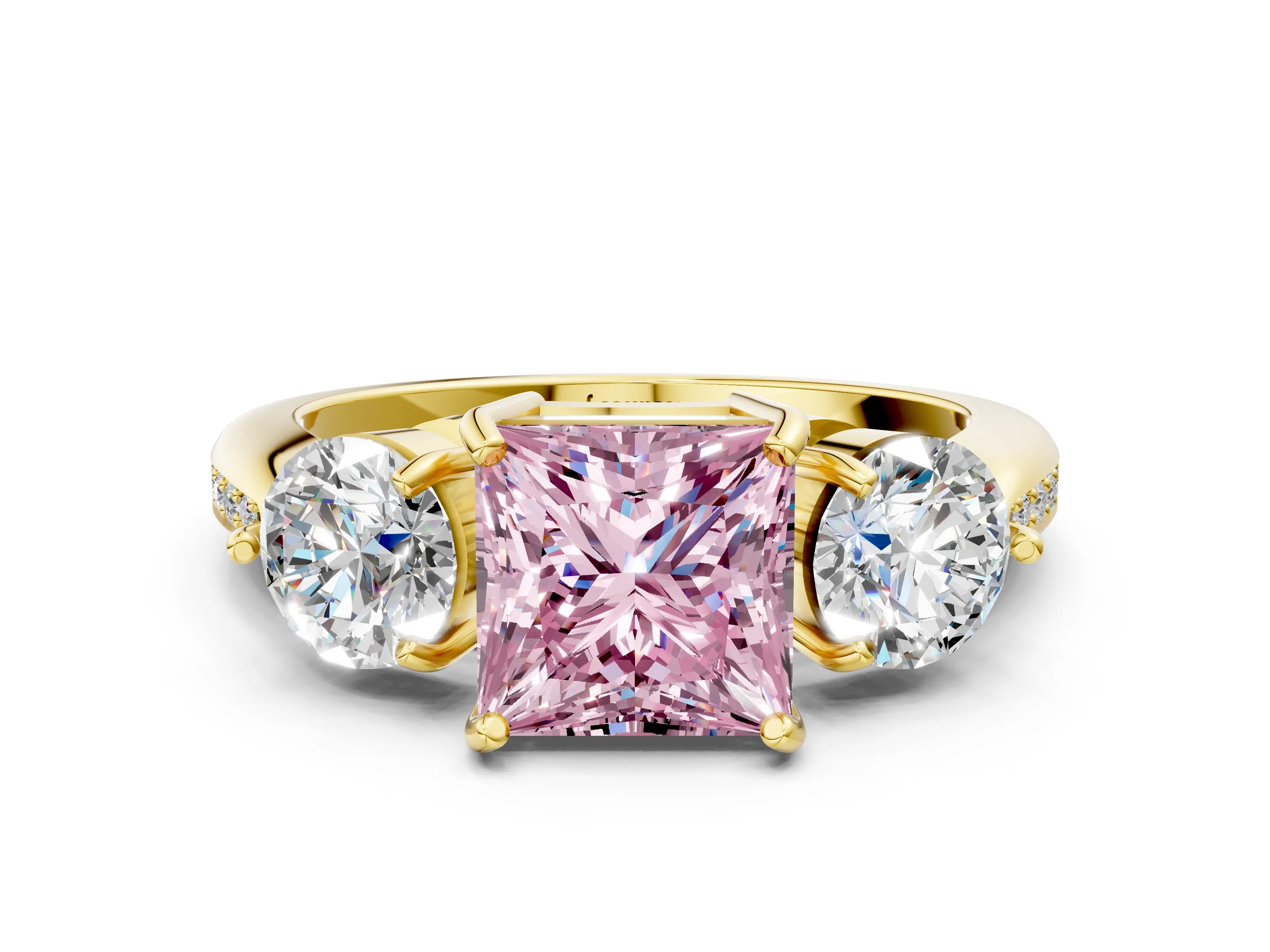 Yellow gold Three-Stone Fancy Pink Princess Cut Diamond Channel Set Engagement Ring with Prong Setting