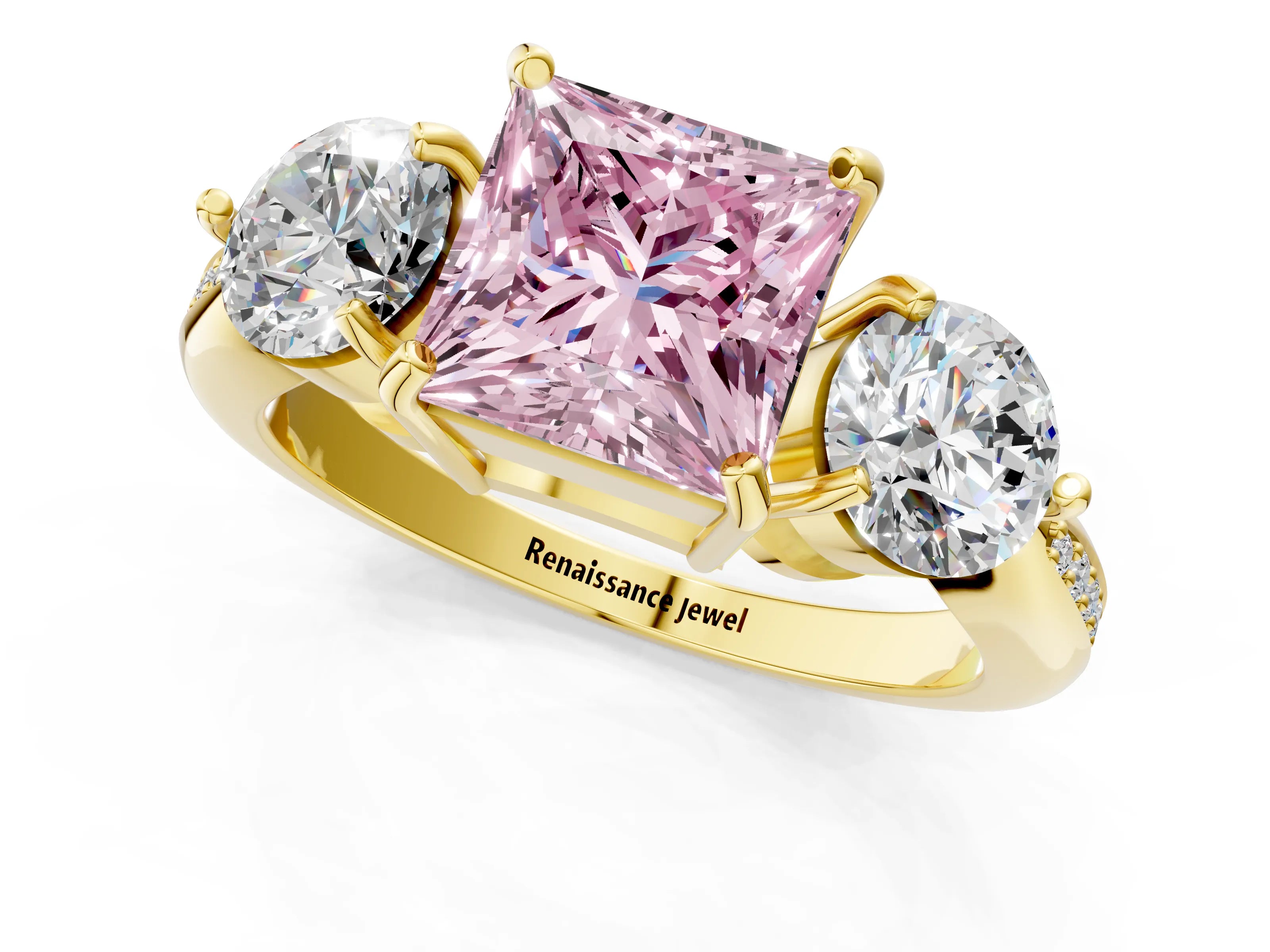 Yellow gold Three-Stone Fancy Pink Princess Cut Diamond Channel Set Engagement Ring with Prong Setting_1