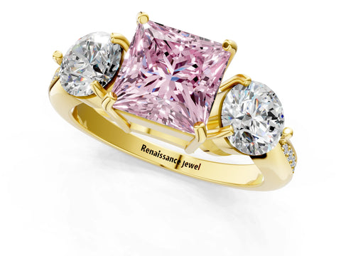 Yellow gold Three-Stone Fancy Pink Princess Cut Diamond Channel Set Engagement Ring with Prong Setting_1