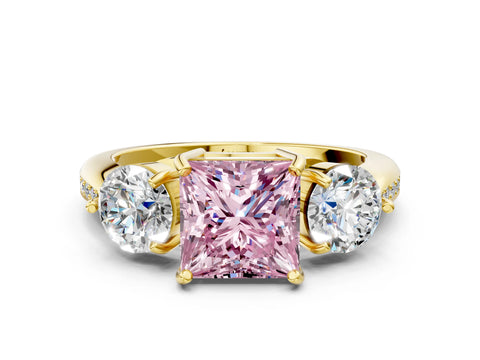Yellow gold Three-Stone Fancy Pink Princess Cut Diamond Channel Set Engagement Ring with Prong Setting