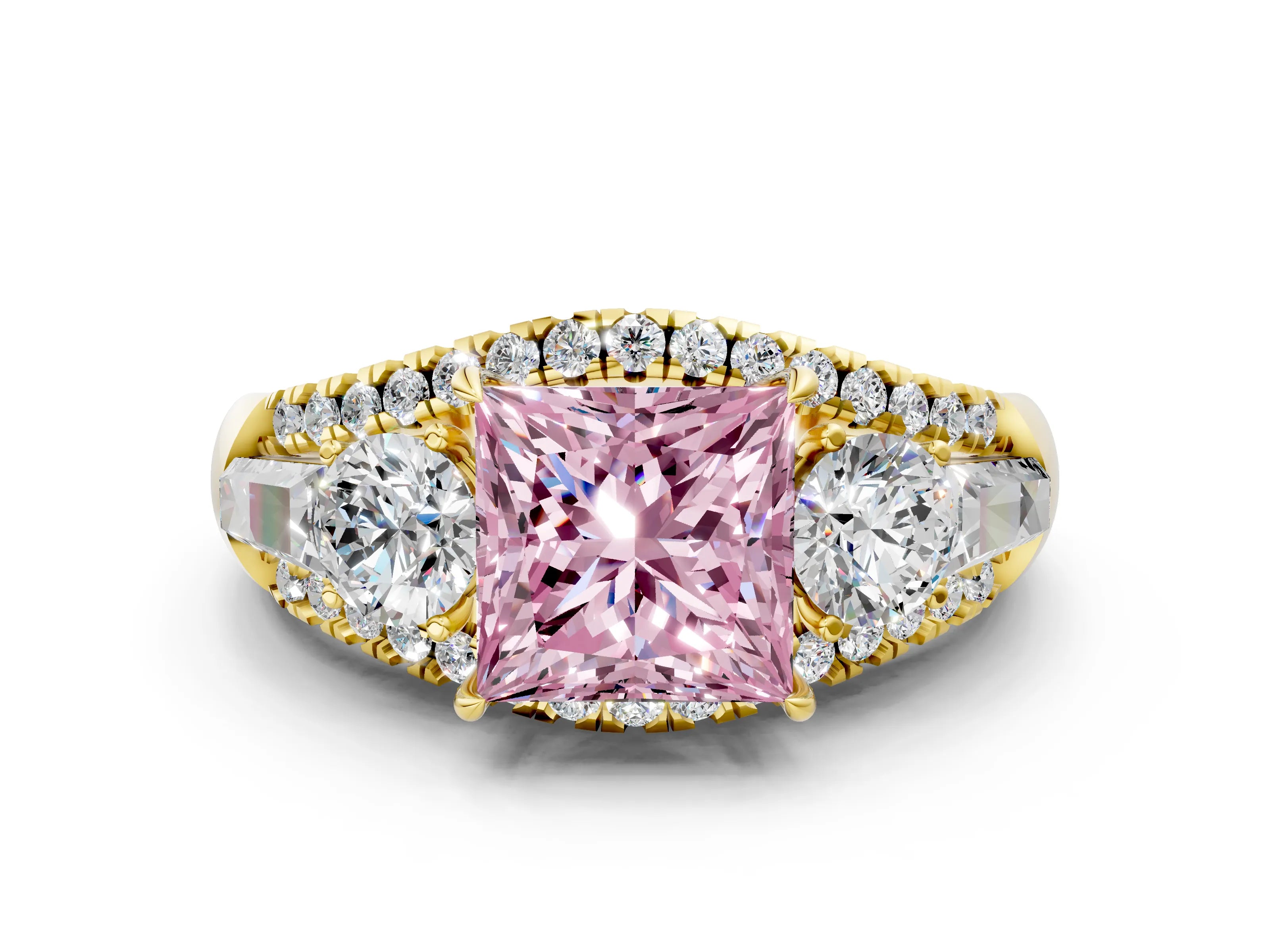 Yellow gold Three-Stone Fancy Pink Princess Cut Diamond Engagement Ring with Pave Band and Prong Setting