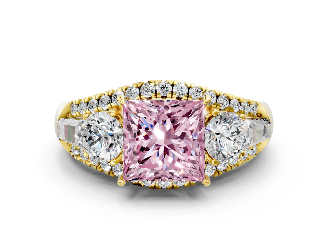 Yellow gold Three-Stone Fancy Pink Princess Cut Diamond Engagement Ring with Pave Band and Prong Setting