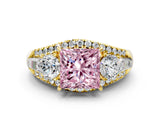 Yellow gold Three-Stone Fancy Pink Princess Cut Diamond Engagement Ring with Pave Band and Prong Setting