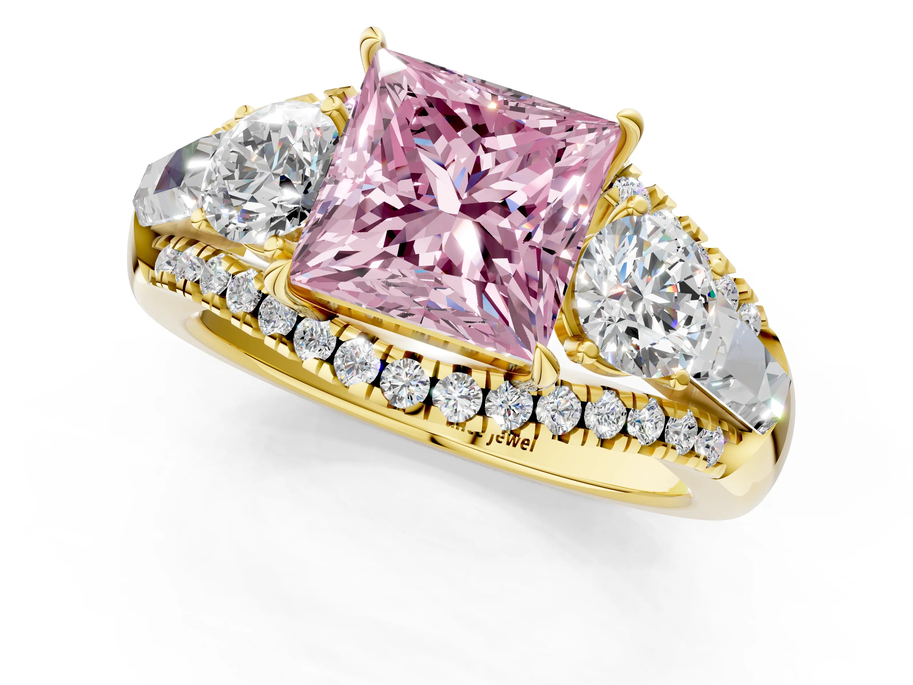 Yellow gold Three-Stone Fancy Pink Princess Cut Diamond Engagement Ring with Pave Band and Prong Setting_1