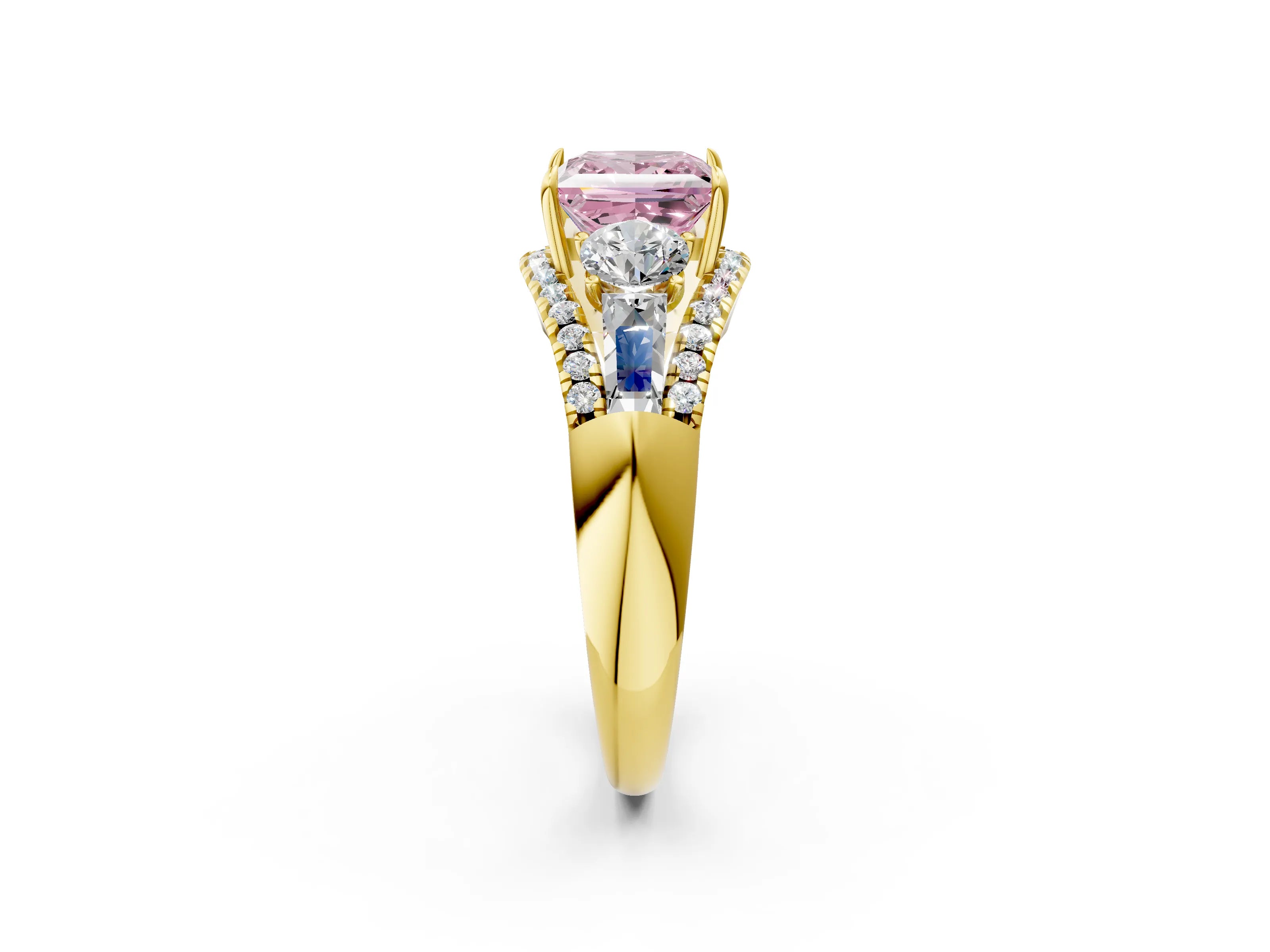 Yellow gold Three-Stone Fancy Pink Princess Cut Diamond Engagement Ring with Pave Band and Prong Setting_2