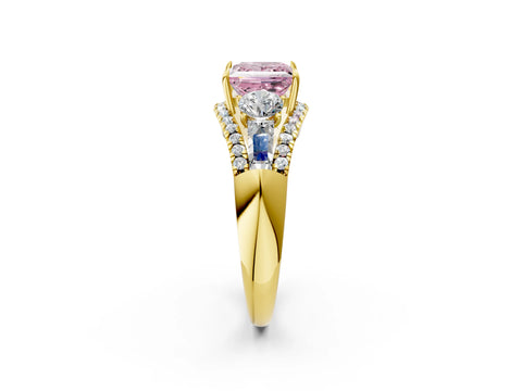 Yellow gold Three-Stone Fancy Pink Princess Cut Diamond Engagement Ring with Pave Band and Prong Setting_2