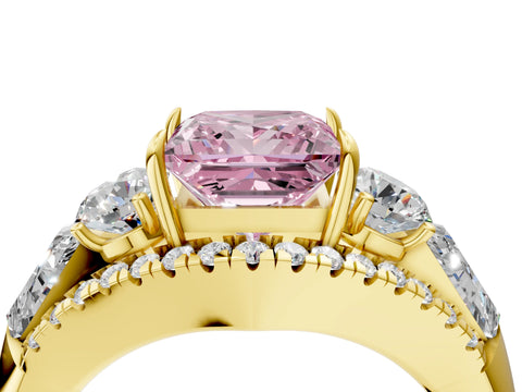 Yellow gold Three-Stone Fancy Pink Princess Cut Diamond Engagement Ring with Pave Band and Prong Setting_4
