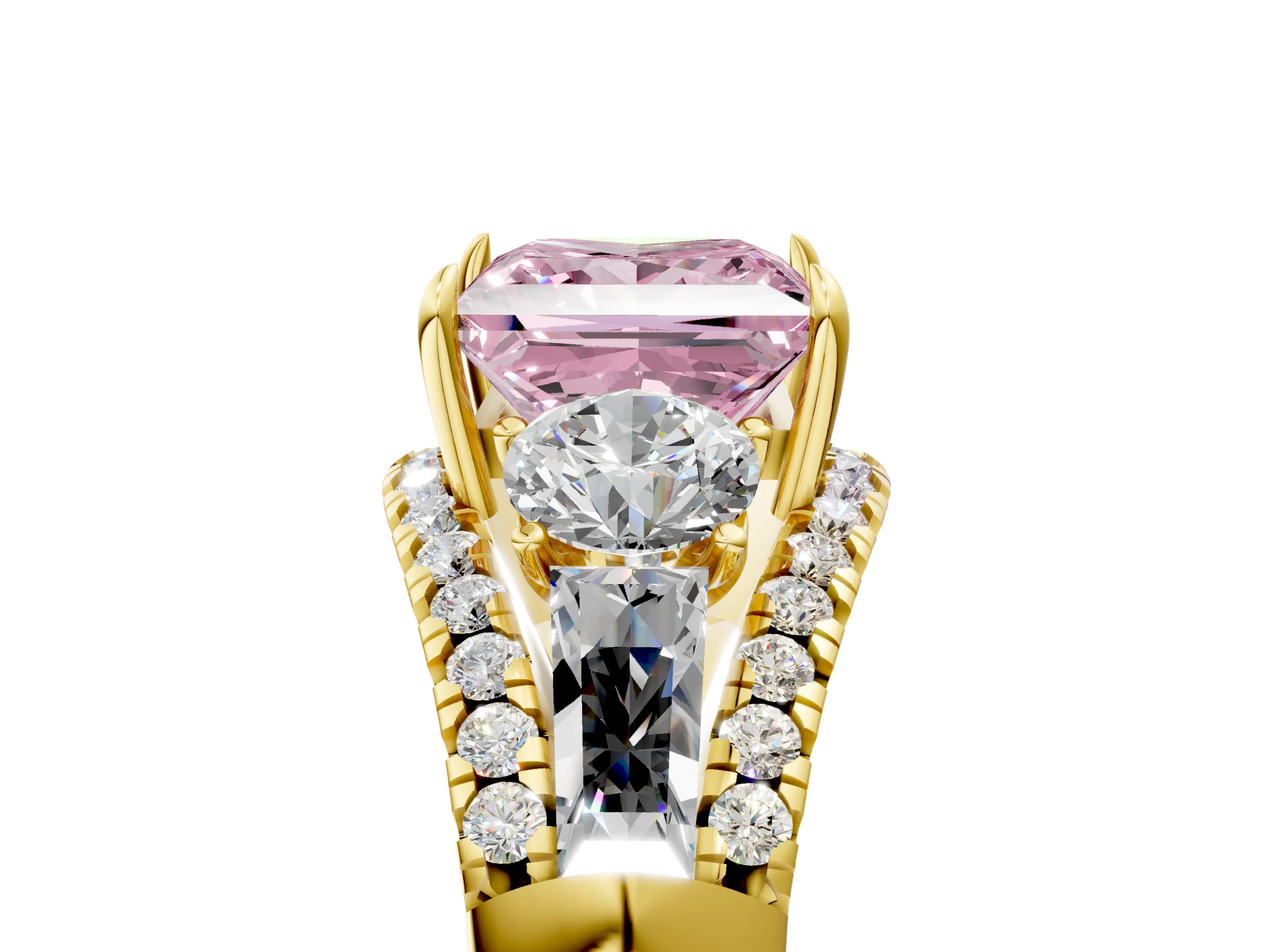 Yellow gold Three-Stone Fancy Pink Princess Cut Diamond Engagement Ring with Pave Band and Prong Setting_5