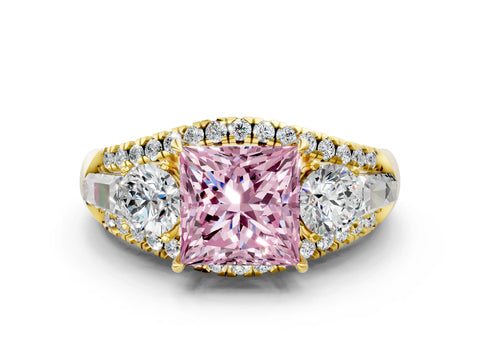 Yellow gold Three-Stone Fancy Pink Princess Cut Diamond Engagement Ring with Pave Band and Prong Setting