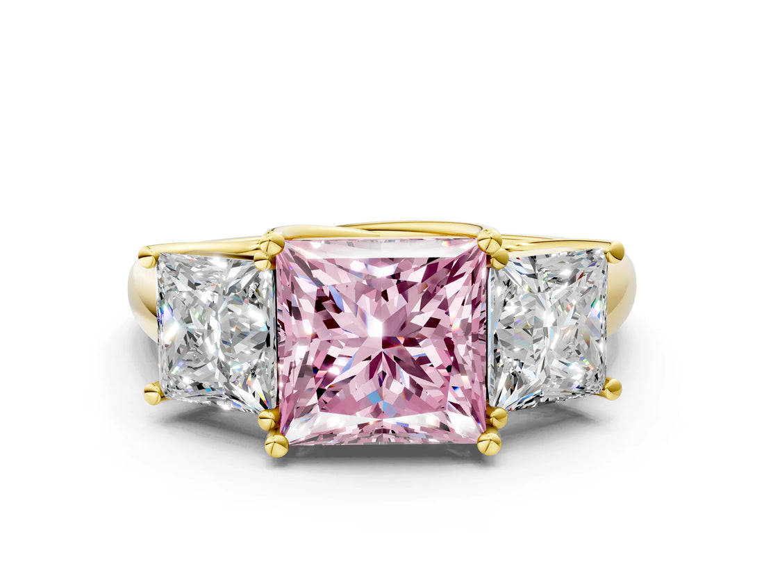 Yellow gold Three-Stone Fancy Pink Princess Cut Diamond Engagement Ring with Prong Setting_3