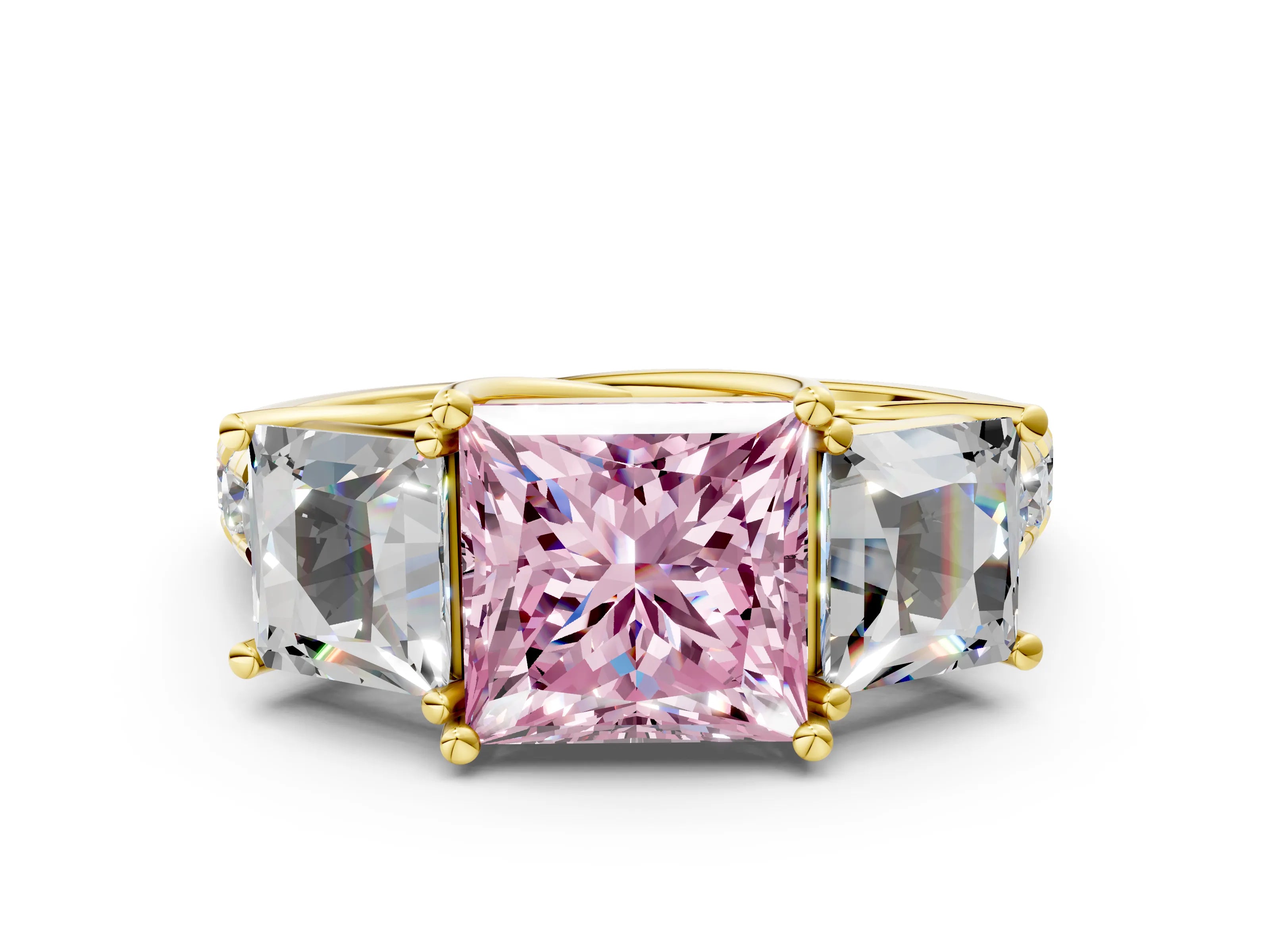 Yellow gold Three-Stone Fancy Pink Princess Cut Diamond Pavé Band with Prong Setting