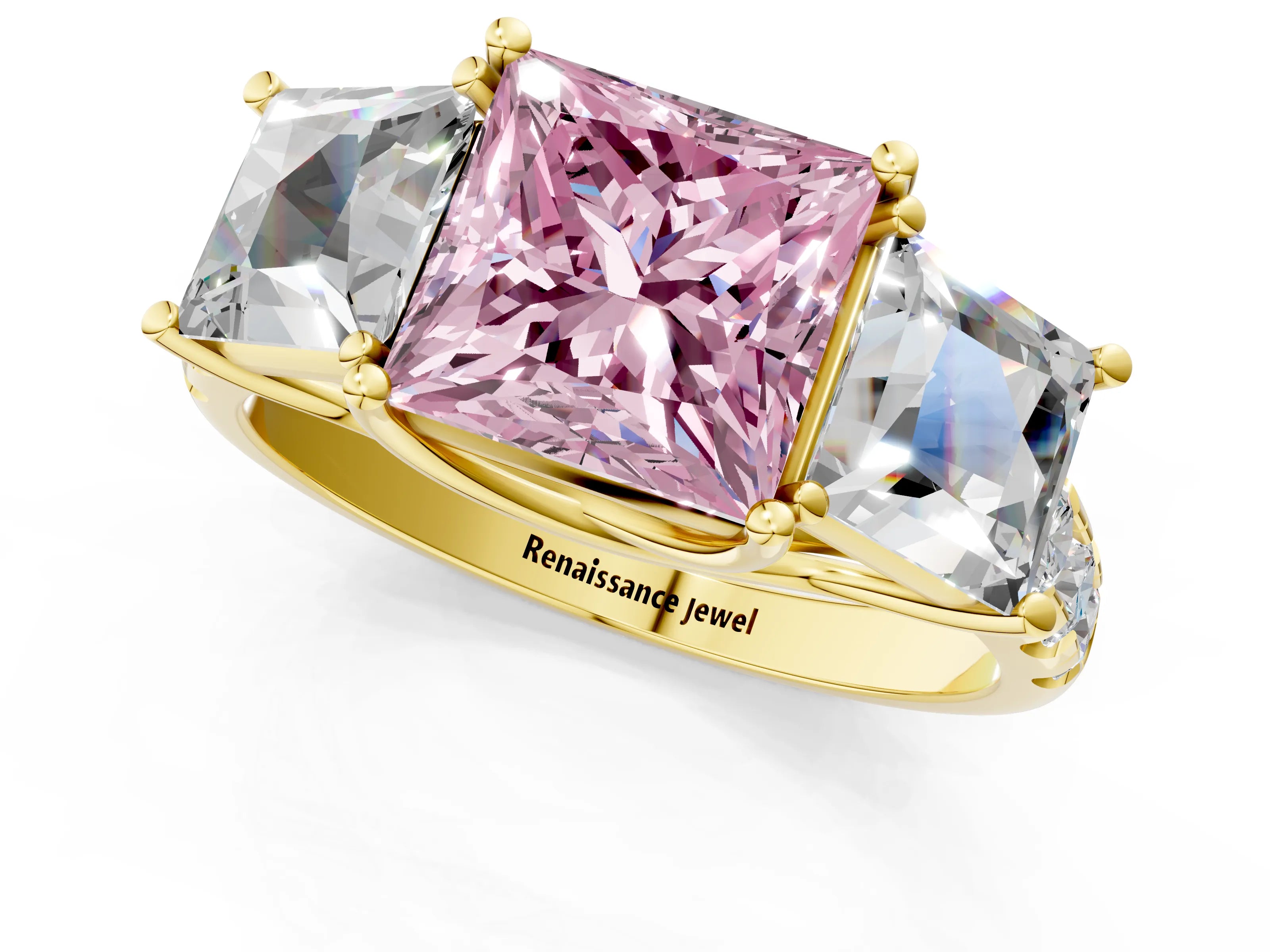 Yellow gold Three-Stone Fancy Pink Princess Cut Diamond Pavé Band with Prong Setting_1