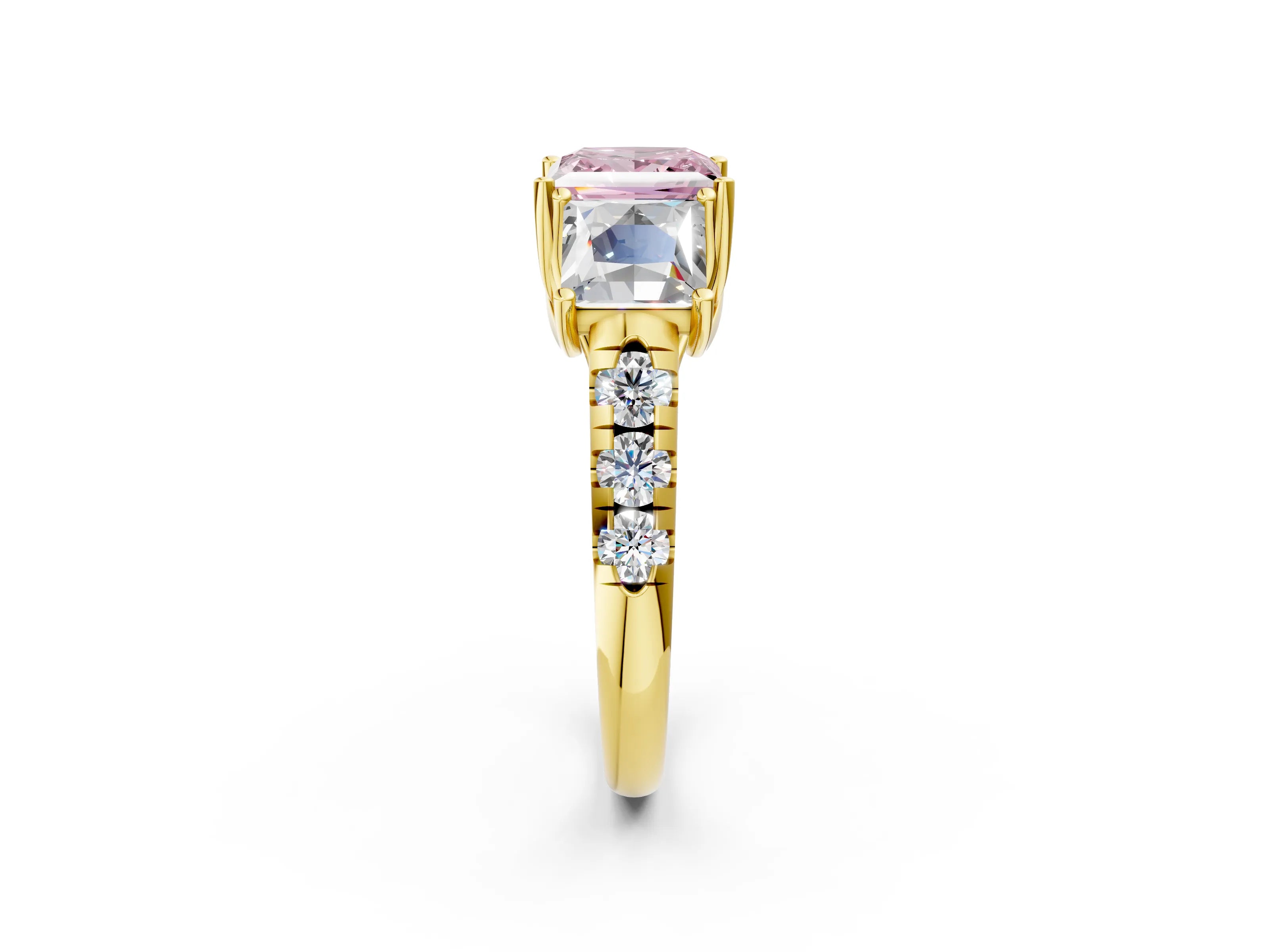 Yellow gold Three-Stone Fancy Pink Princess Cut Diamond Pavé Band with Prong Setting_2