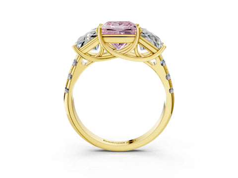 Yellow gold Three-Stone Fancy Pink Princess Cut Diamond Pavé Band with Prong Setting_3