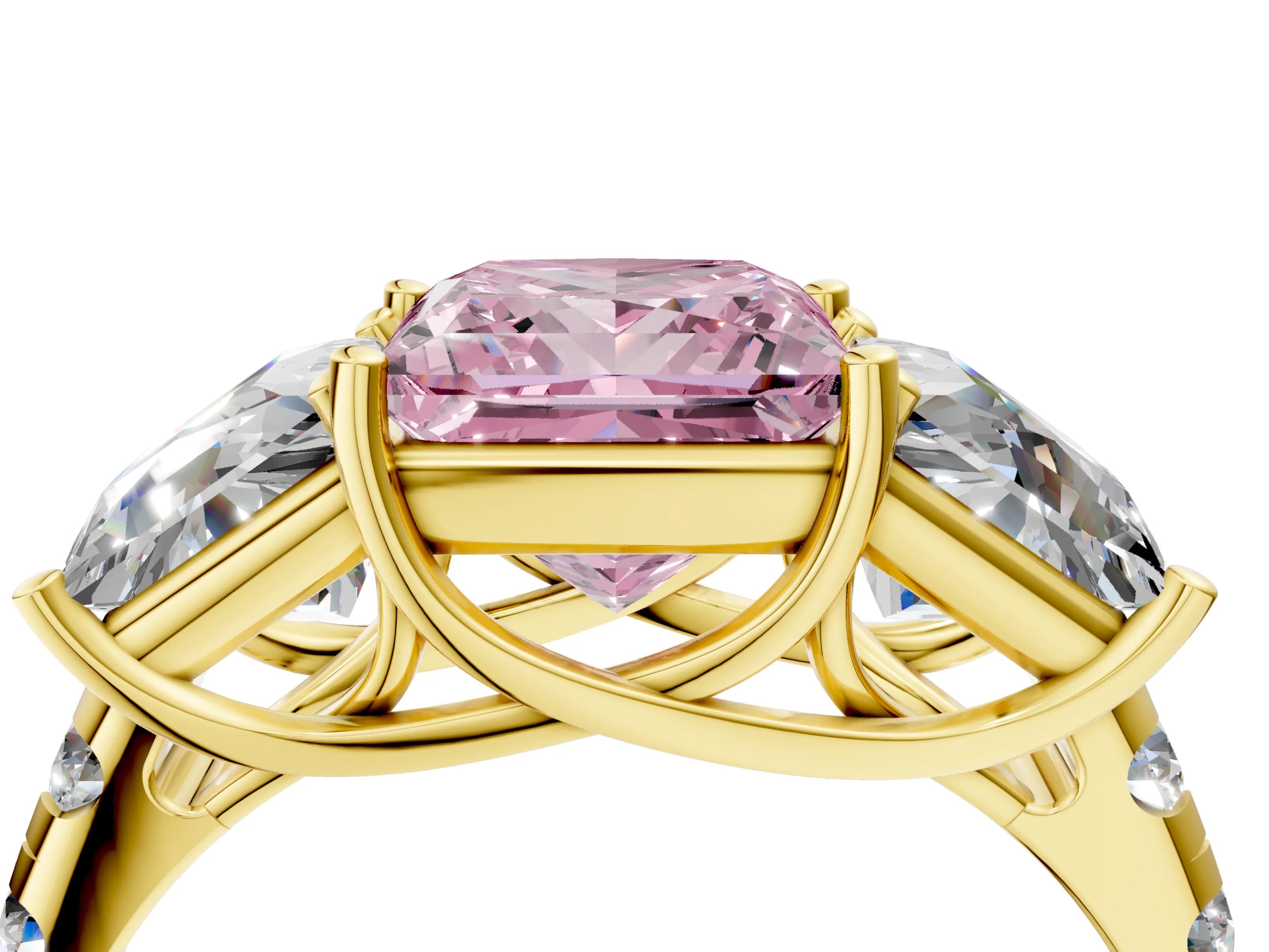 Yellow gold Three-Stone Fancy Pink Princess Cut Diamond Pavé Band with Prong Setting_4