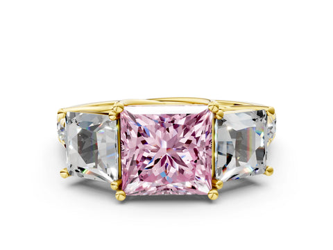 Yellow gold Three-Stone Fancy Pink Princess Cut Diamond Pavé Band with Prong Setting