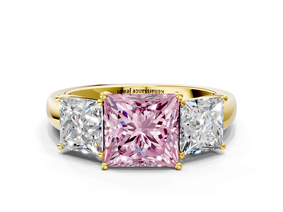 Yellow gold Three-Stone Fancy Pink Princess  Cut Diamond Ring with Channel-Set Band and Four-Prong Setting_16
