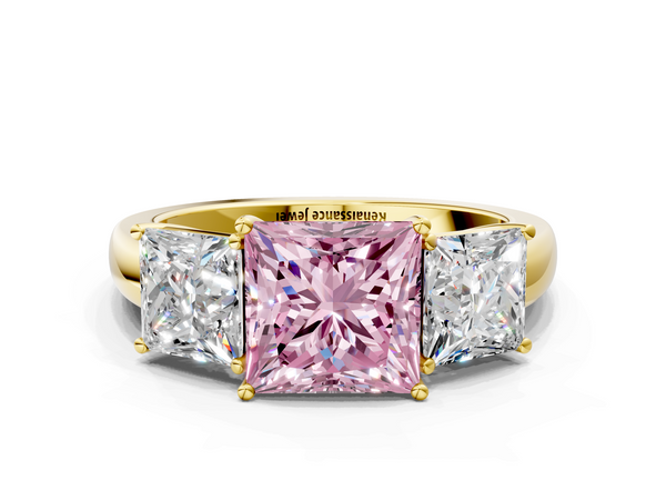 Yellow gold Fancy Pink Princess Cut Diamond Three-Stone Ring with Four-Prong Setting and Classic Band