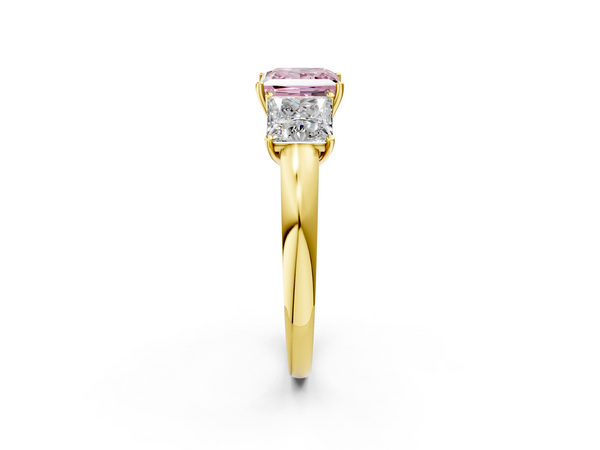 Yellow gold Fancy Pink Princess Cut Diamond Three-Stone Ring with Four-Prong Setting and Classic Band