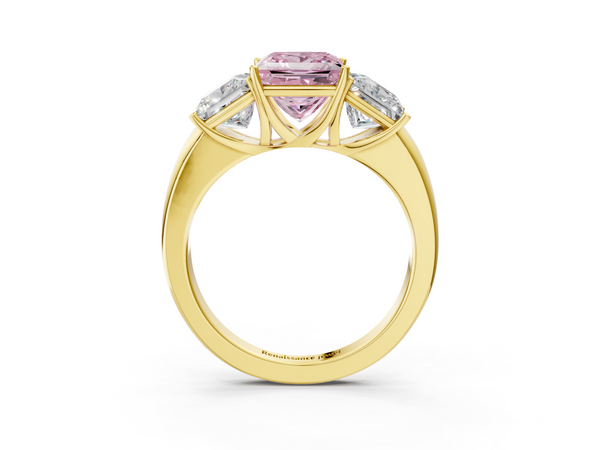 Yellow gold Fancy Pink Princess Cut Diamond Three-Stone Ring with Four-Prong Setting and Classic Band
