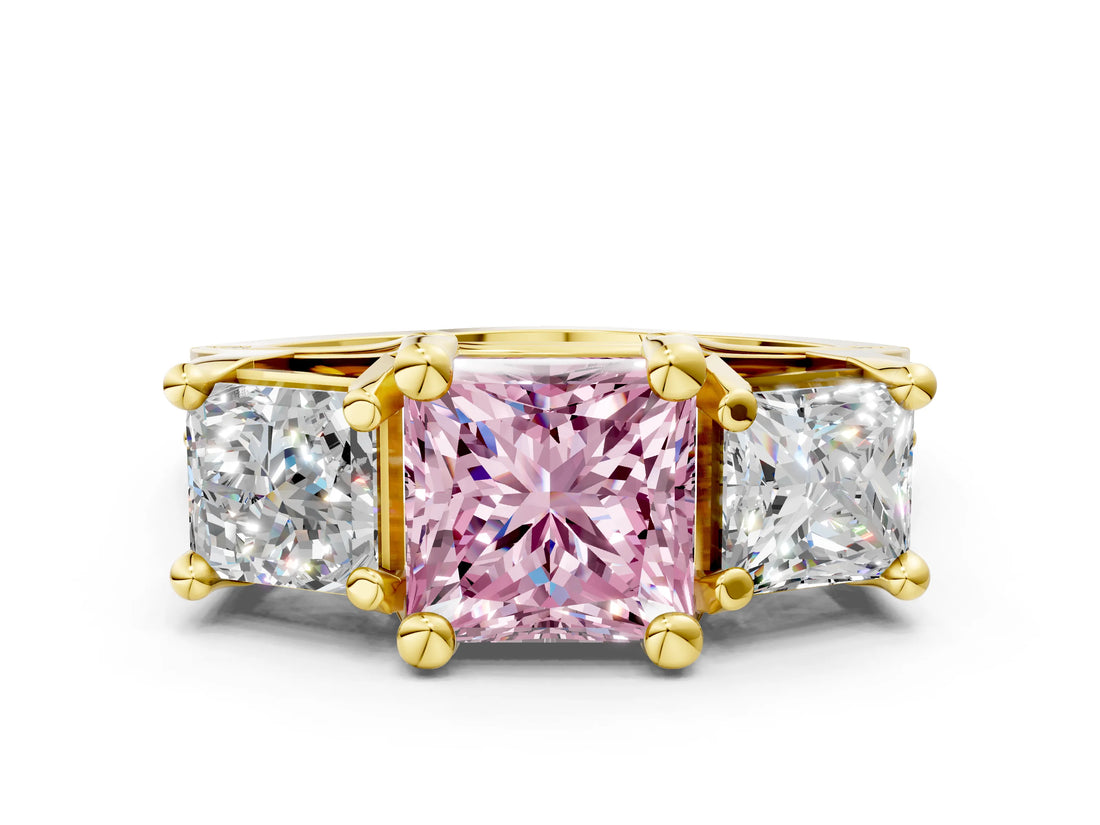 Yellow gold Three-Stone Fancy Pink Princess  Cut Diamond Ring with Channel-Set Band and Four-Prong Setting_33