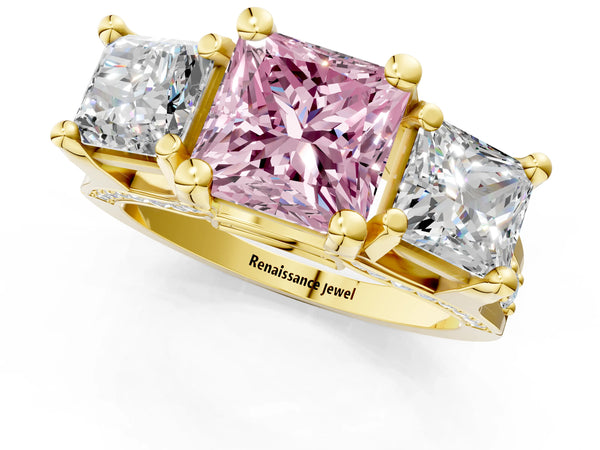 Yellow gold Fancy Pink Princess Cut Diamond Three-Stone Ring with Channel Set Band and Four-Prong Setting