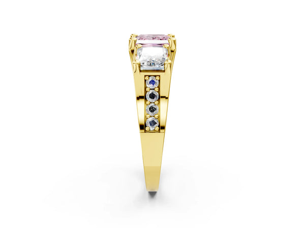 Yellow gold Fancy Pink Princess Cut Diamond Three-Stone Ring with Channel Set Band and Four-Prong Setting