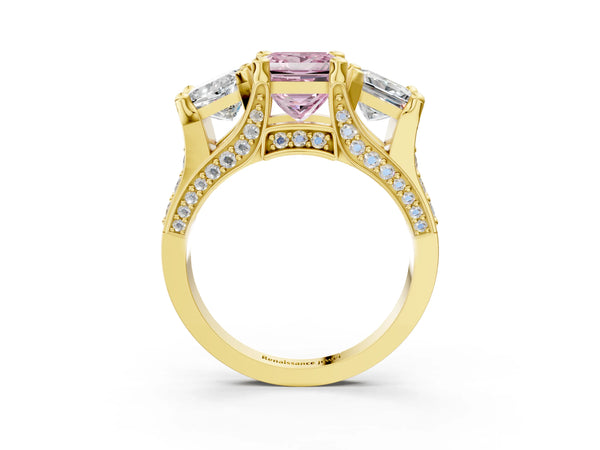 Yellow gold Fancy Pink Princess Cut Diamond Three-Stone Ring with Channel Set Band and Four-Prong Setting