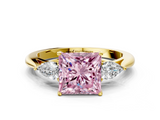 Yellow gold Three-Stone Fancy Pink Princess  Cut Diamond Ring with Pear Side Stones in Four-Prong Setting