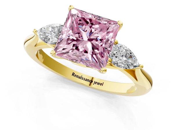 Yellow Gold Princess Cut Engagement Ring Setting for Fancy Pink Center with Pear Side Stones