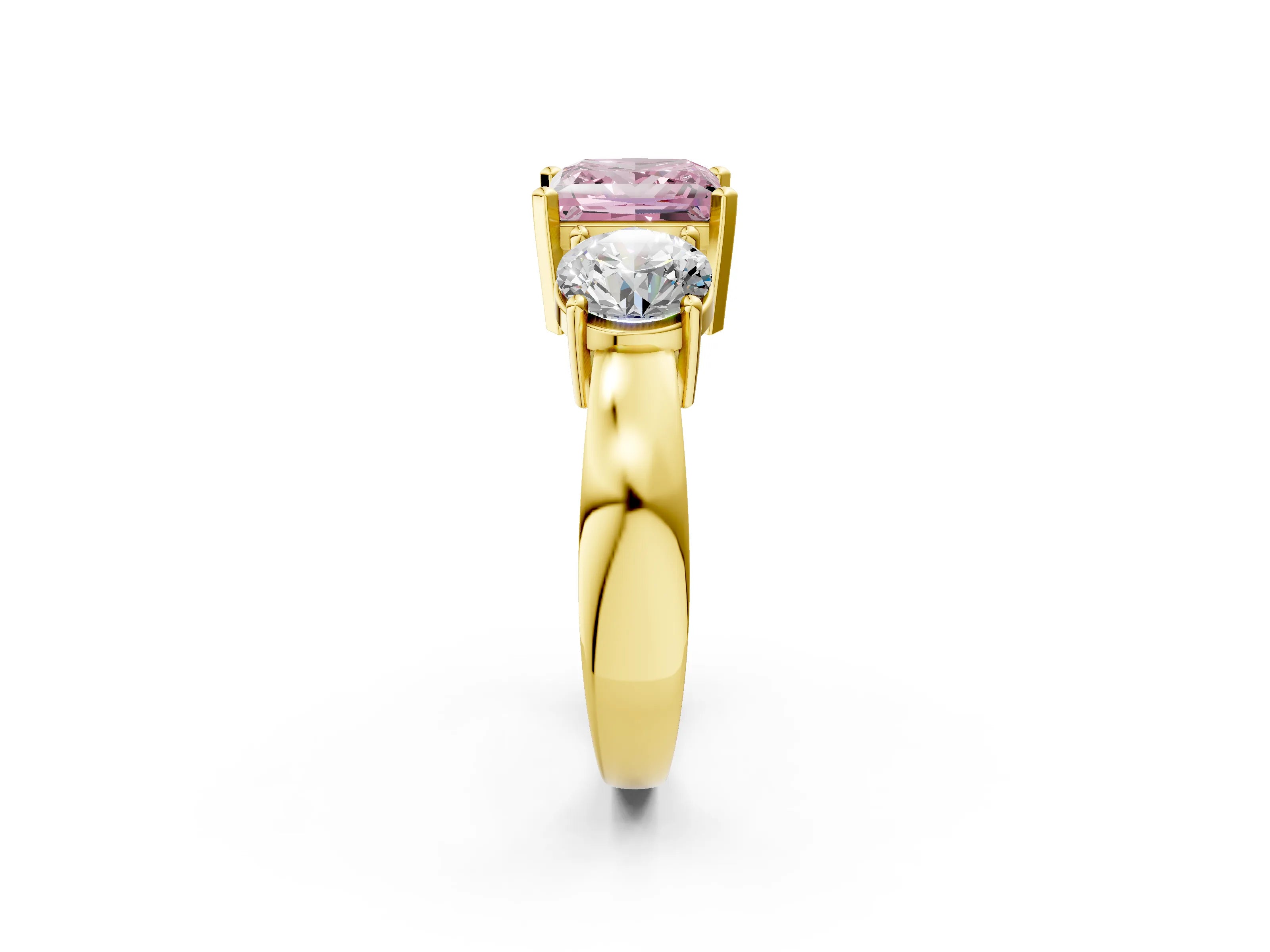 Yellow gold Three-Stone Fancy Pink Princess Cut Diamond Ring with Round Side Stones, Classic Band, and Four-Prong Setting_2